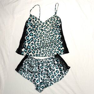 Victoria Secret Satin Teal Leopard Print Cami Shorts Set Babydoll Coquette Sz S